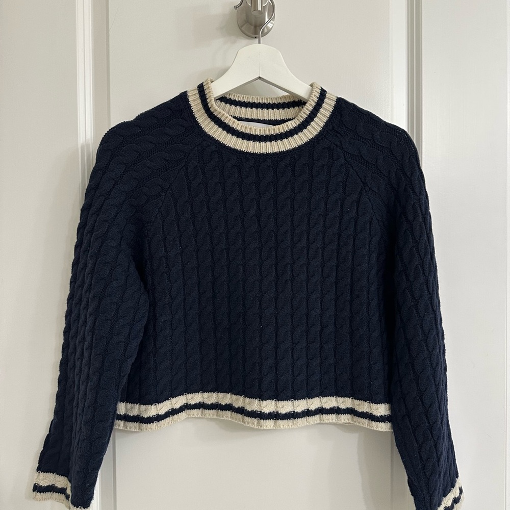 Zara Navy Cable-Knit Cropped Sweater with Cream Trim
